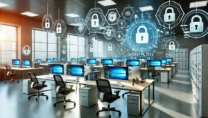 A modern office with rows of computers running Windows 10, surrounded by digital padlock icons and the date October 14, 2025, symbolizing Microsoft’s focus on cybersecurity and the end of Windows 10 support.