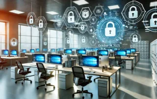 A modern office with rows of computers running Windows 10, surrounded by digital padlock icons and the date October 14, 2025, symbolizing Microsoft’s focus on cybersecurity and the end of Windows 10 support.